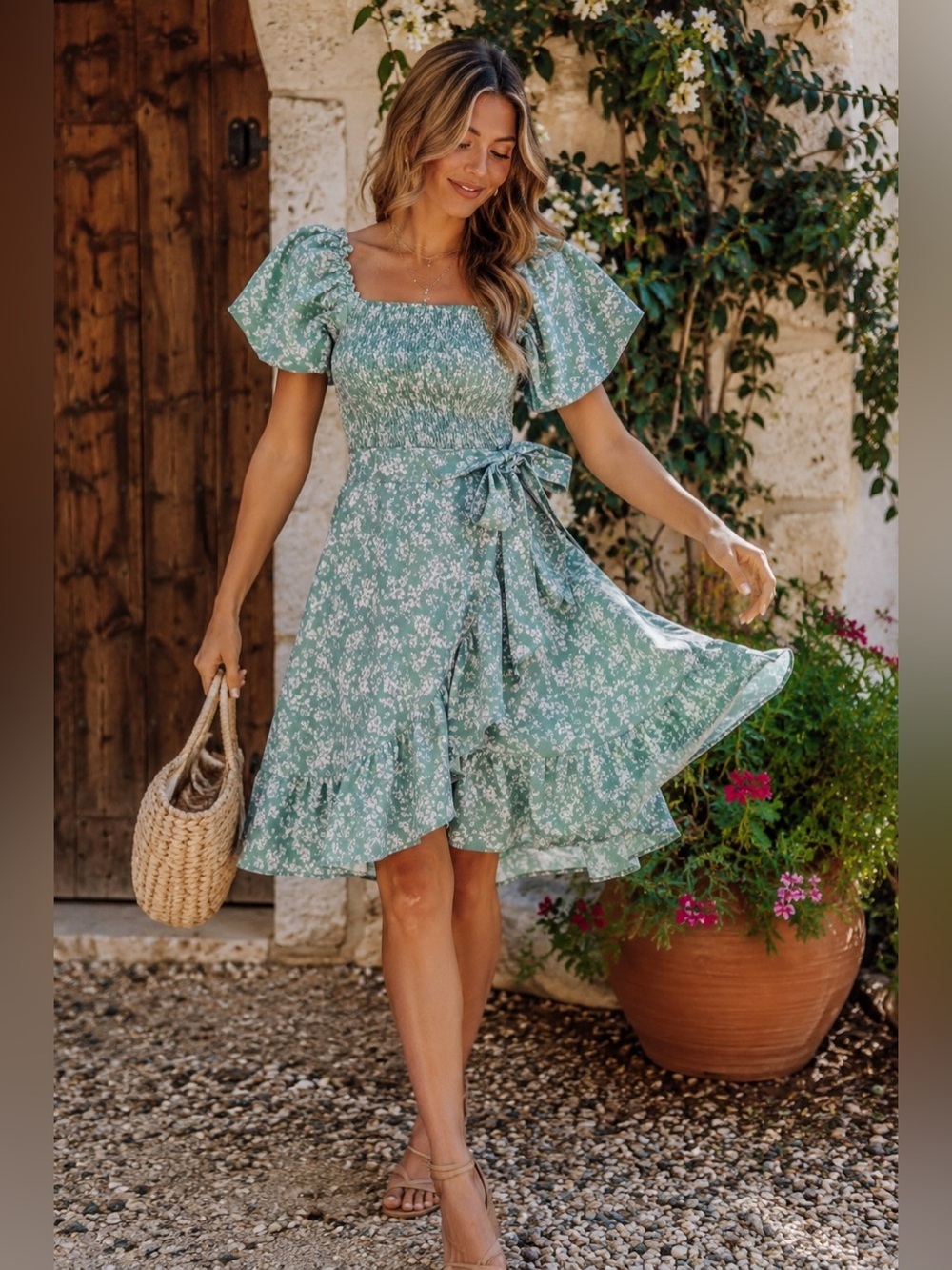 Melrose Market XS Sage Floral Smocked Bodice Flutter Sleeve Ruffle Dress